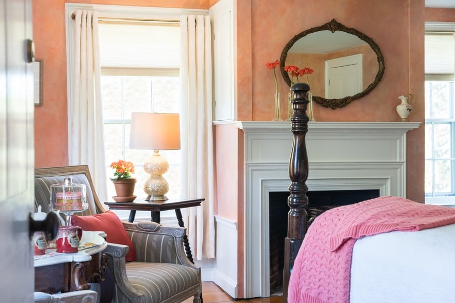 The Beach Rose Room is a second floor room at the Candleberry Inn with a Queen-sized bed and gas fireplace, perfect for a romantic getaway on Cape Cod.