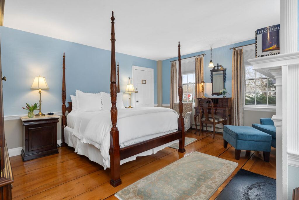 You’ll love the gloriously hand-carved, four-poster, and amazingly comfortable Queen-sized bed, the inviting fireplace, cozy chairs for reading or relaxing, the recently refinished 200-year-old wood floors, and overlooking historic Old King’s Highway.