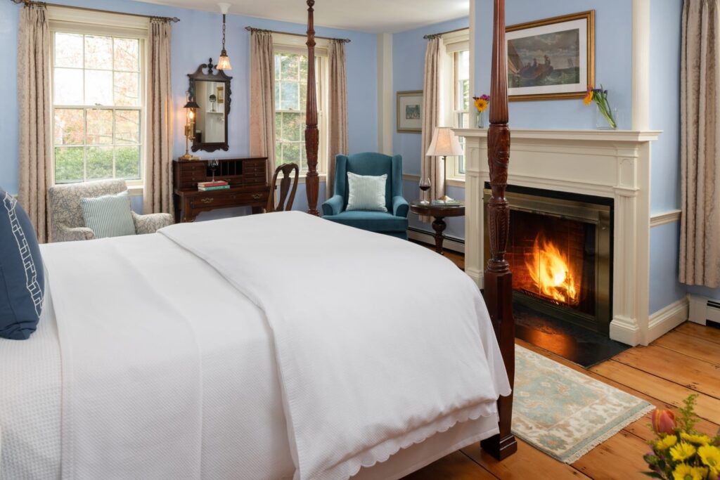 You’ll love the gloriously hand-carved, four-poster, and amazingly comfortable Queen-sized bed, the inviting fireplace, cozy chairs for reading or relaxing, the recently refinished 200-year-old wood floors, and overlooking historic Old King’s Highway.