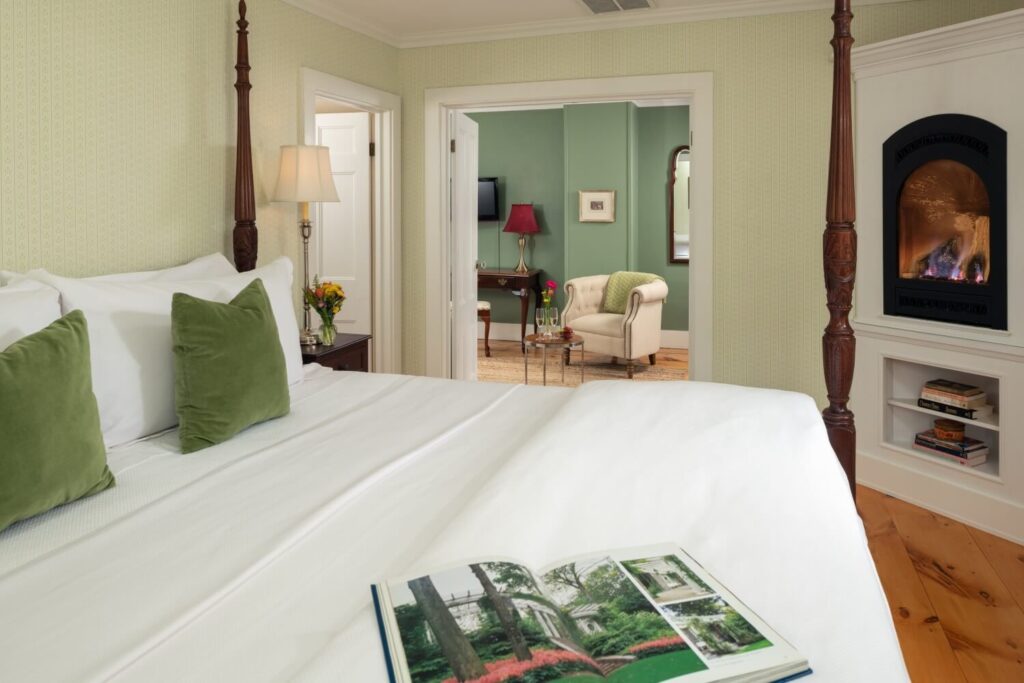 The Seacroft Suite is located on the second floor of the Main House and offers a King-sized bed with a gas fireplace in the bedroom. This suite has a separate sitting room.