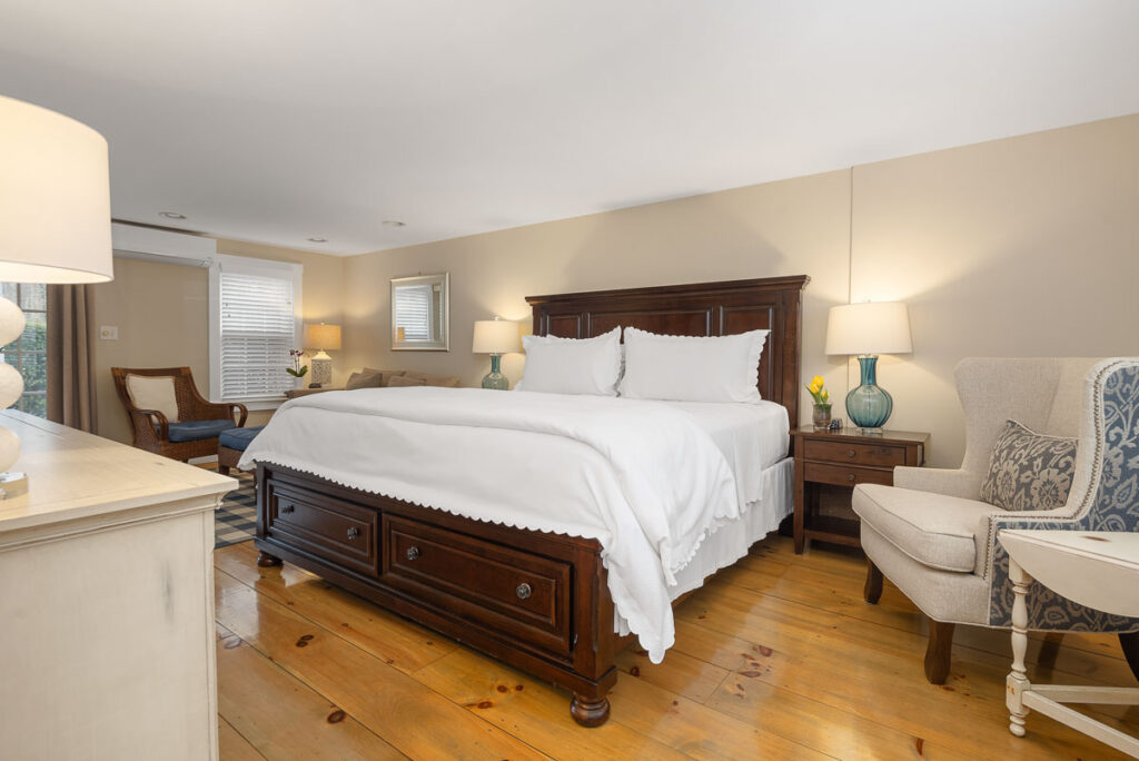 The Garden Suite is located in the Carriage House - King-sized bed for a great night’s sleep. This suite has a cozy seating area for relaxing, reading, or watching TV, with a twin pullout bed for a third guest.