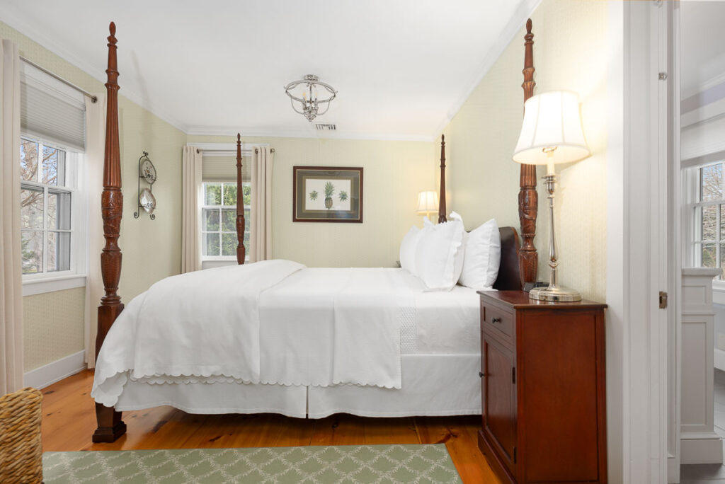 The Seacroft Suite is located on the second floor of the Main House and offers a King-sized bed with a gas fireplace in the bedroom.